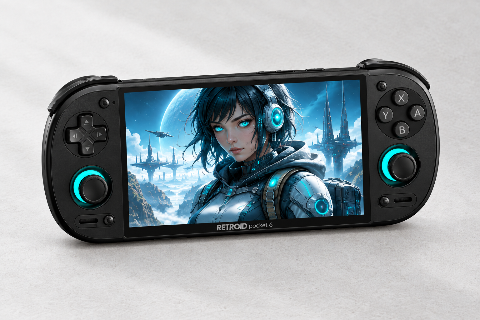 Splash Retroid Pocket 6, console centrée et agrandie sur fond minéral clair